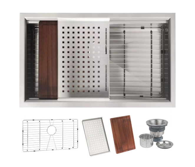 kitchen workstation sink with cutting board drying rack and grate accessories