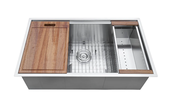 Workstation sink stainless steel with walnut cutting board and drying rack