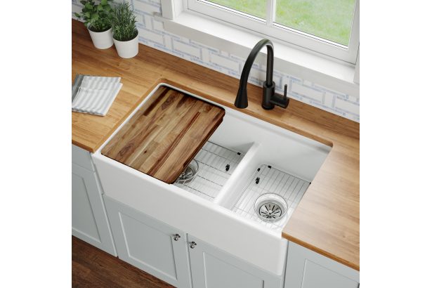 Kitchen Workstation with wood cutting board on wood countertop