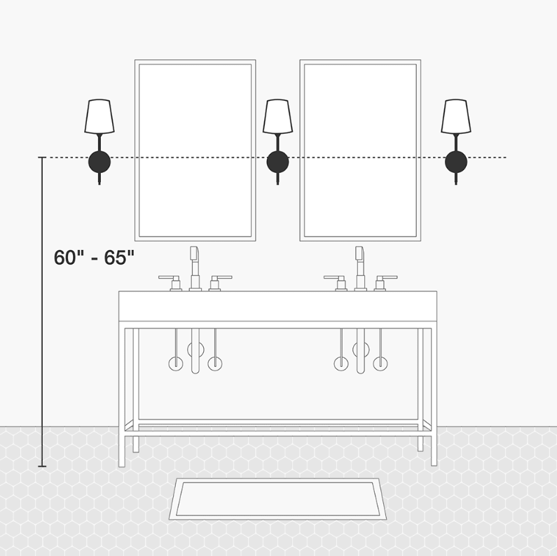 elevation of bathroom vanity from circa lighting, with mirrors, sconces and measurements to hang sconces