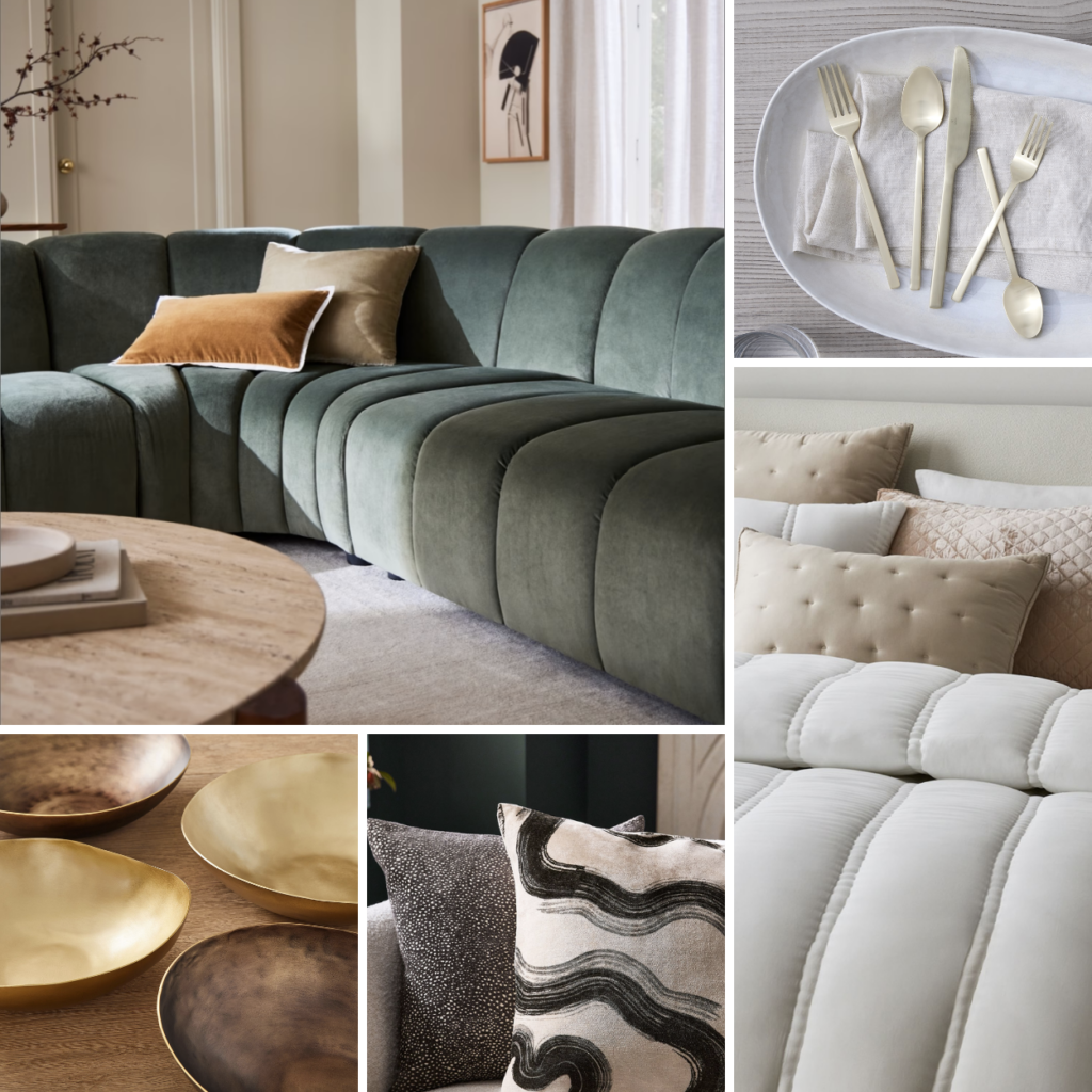 West Elm Collection of Sheen Products - sofa, flatware, pillows, bedding, accessories