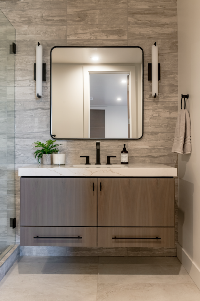 Modern bathroom with floating vanity and modern sconces - Park City Utah Interior Design Michelle Yorke