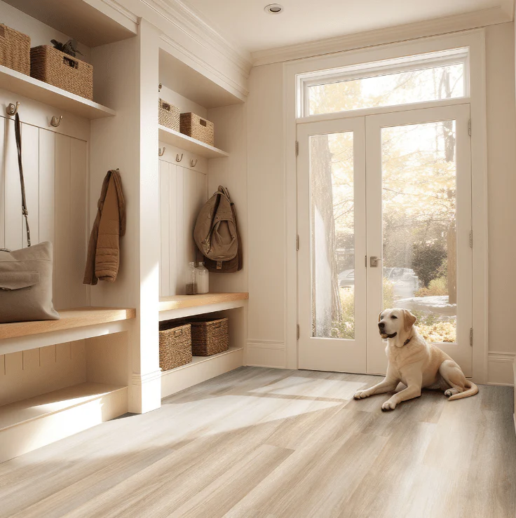 dog lying on lvp flooring in mudroom next to built-in coat rack with bench and storage