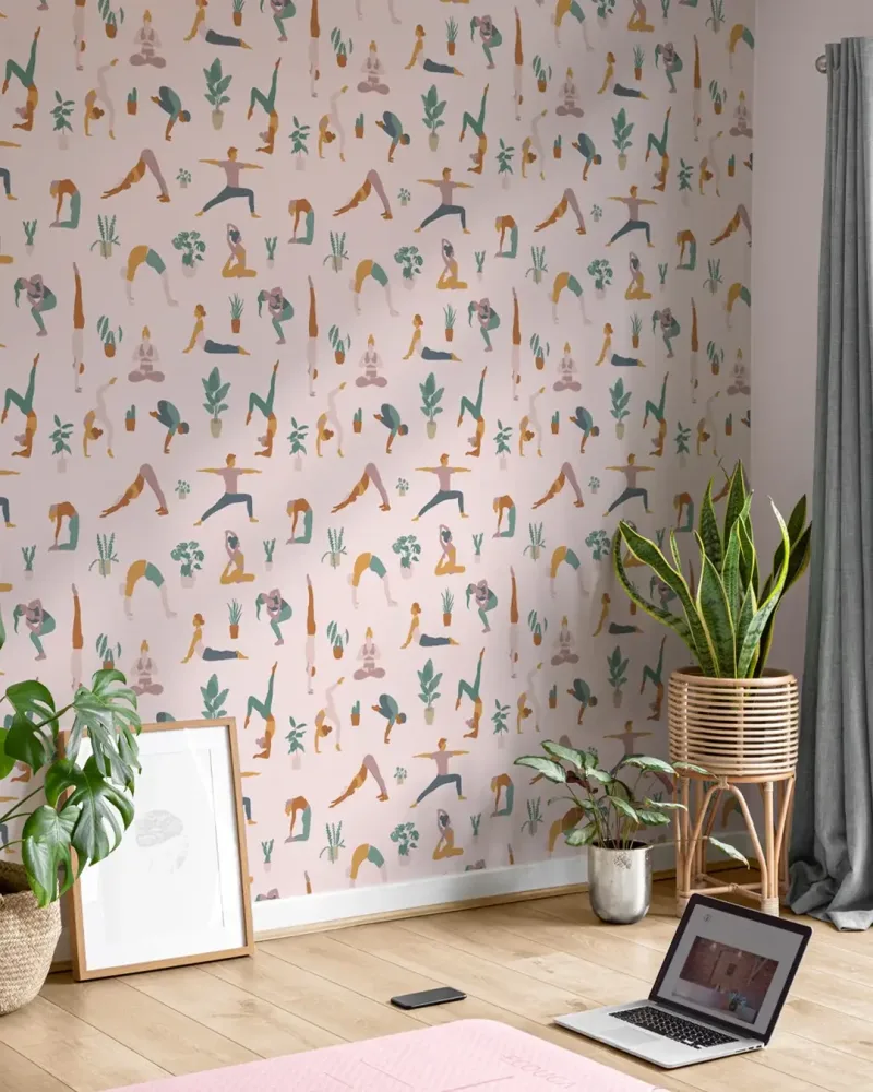 Biophilic Home Renovation - yoga room for a wellness drive home with a wallpaper with yoga print poses