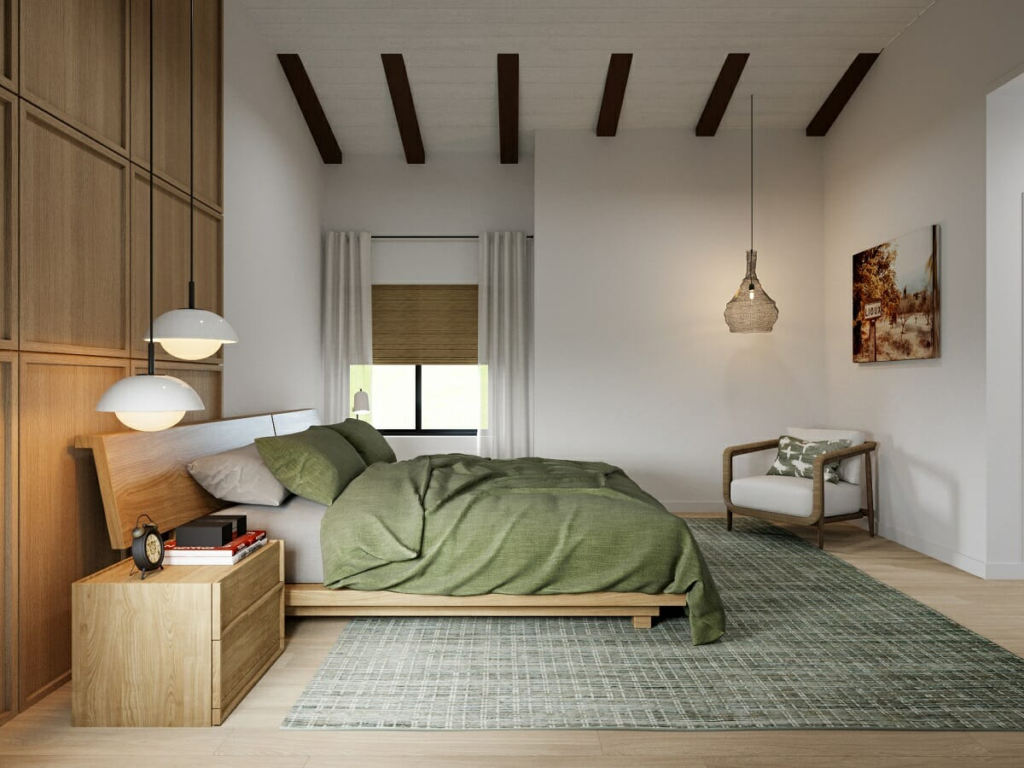 Home Renovation - natural, wellness home with a bedroom with green bedding and wood walls and bed