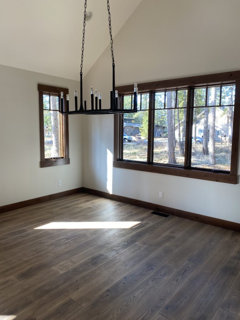 Dining room in Suncadia mountain house during install, Designed by Michelle Yorke Interior Design.