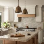 kitchen island with hanging lights