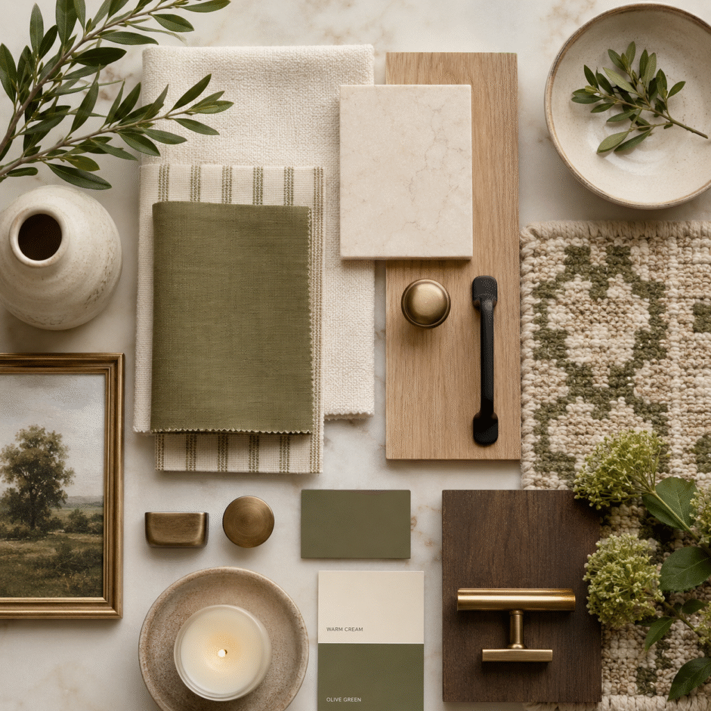 Olive green and warm cream flat lay for interior design. Features fabric, wood, cabinet hardware, ceramics, rug, greenery and gold accents.