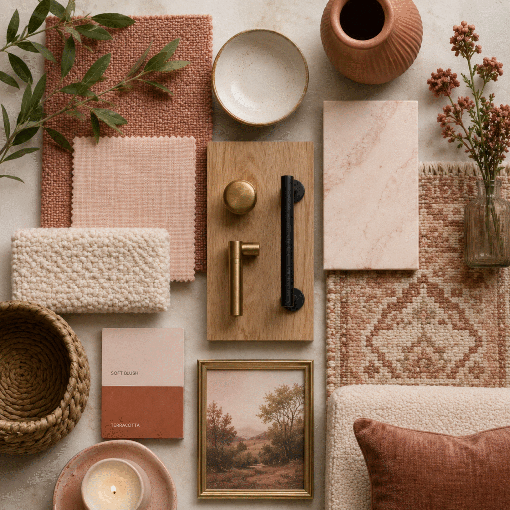 Terracotta & Soft Blush flat lay inspiration board. Featuring material, fabric, cabinet hardware, ceramics, rugs, pillow and artwork. 