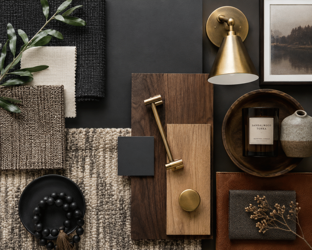Interior design flat lay with samples of rugs, fabrics, wood, cabinet finish and hardware. Charcoal and brown with brown accents. Brass and natural wood finishes. 