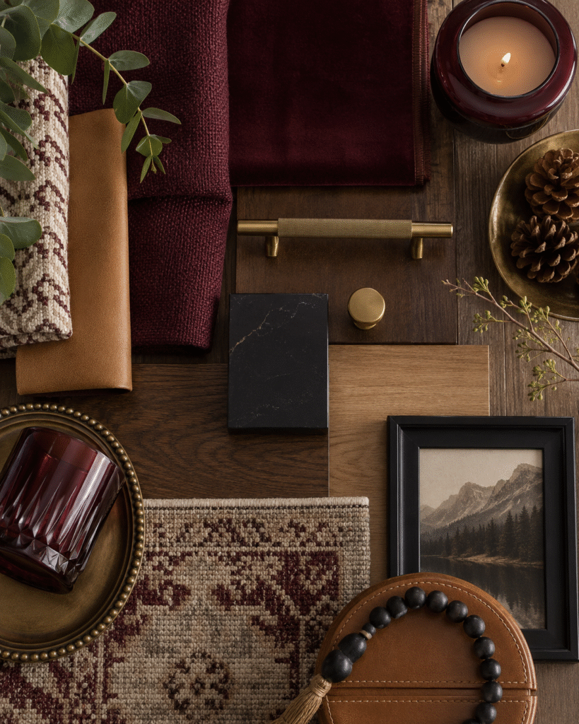 Interior design flat lay with velvet, wood and and cabinet hardware samples. A burgundy and camel palette showing rug sample, accessories, greenery stem, small artwork and candle. 