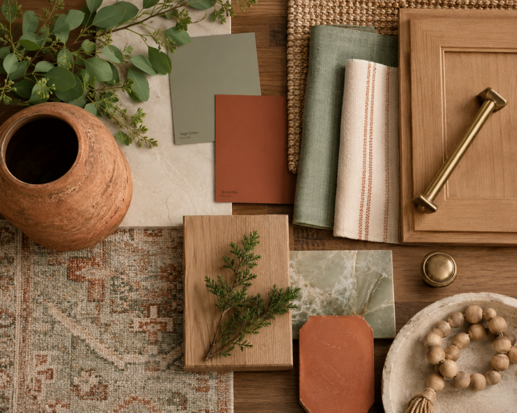 Terracotta and sage green interior design flat lay for presentation. Features fabric, wood and cabinet hardware samples. Home accents and rug texture. Terracotta vase with greenery stem. 